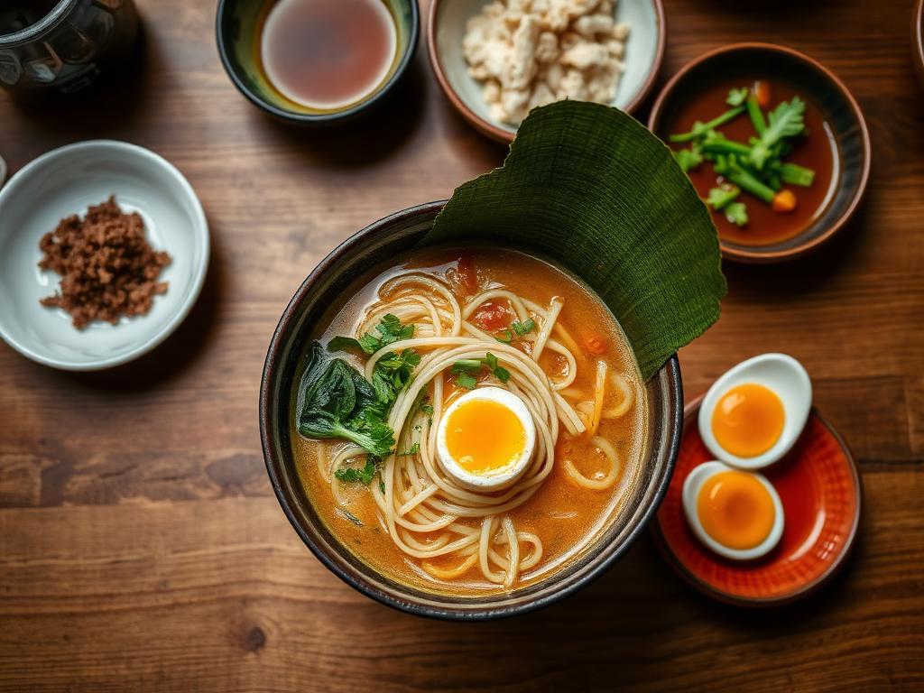A bowl of vegetarian Japanese ramen with side dishes