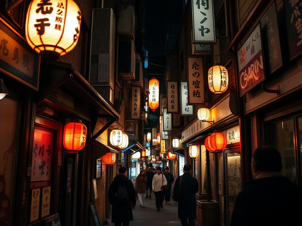 Lantern-lit izakaya alley at night