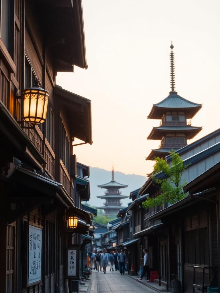 Wooden Kyoto street with a pagoda at dusk